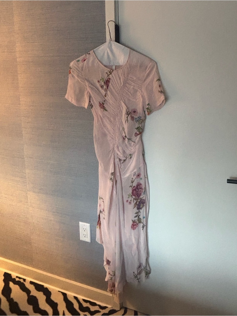 Light Pink Floral Midi Dress with Ruched Detail
